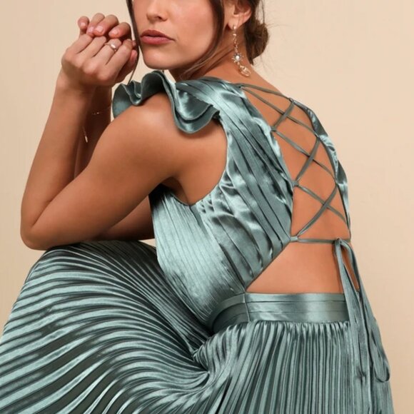 Lulus Exceptional Drama Sage Green Satin Lace-up Pleated Maxi Dress - Size L - Picture 3 of 5
